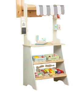 Pretend Game Market Stand Wooden Grocery Store Toy Wooden Fruit and Vegetables Bread Cash Register Stand Toys for Kids