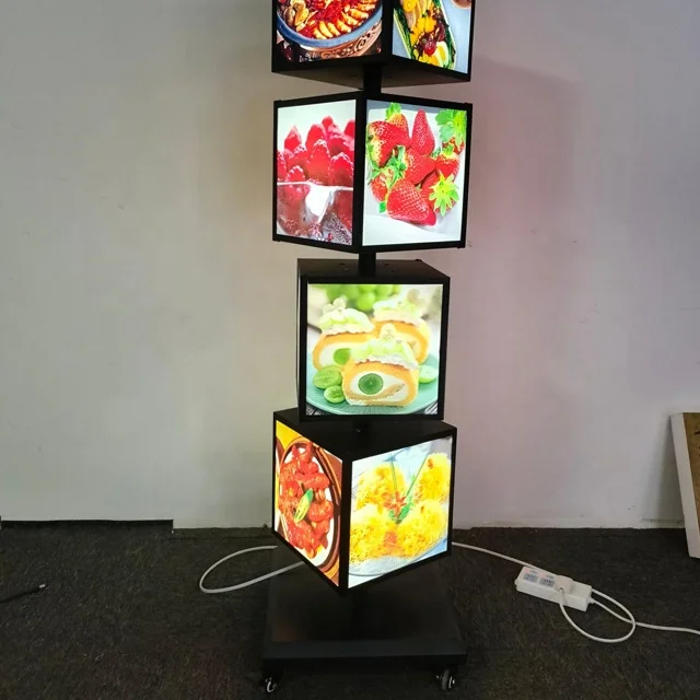 Floor Led Advertisement Sign Menu Poster Frame Box Light Acrylic Iron Square Waterproof Automatic Rotating Light Box