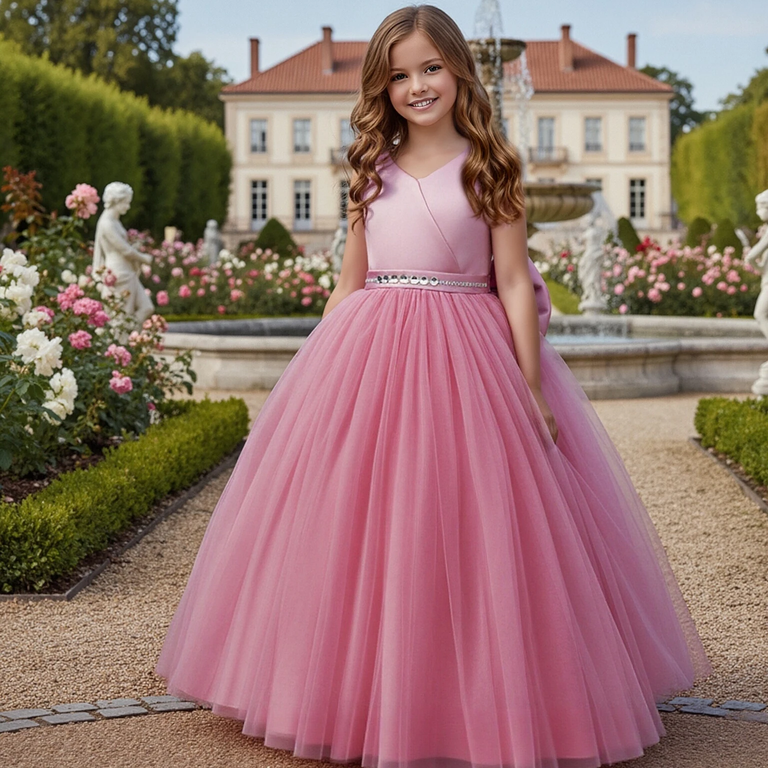 Fashion V-neck Design Children's Princess Dress Shiny Rhinestone Blue Girl  Wedding Gown Tulled Dresses for Girls of 10 Year Old