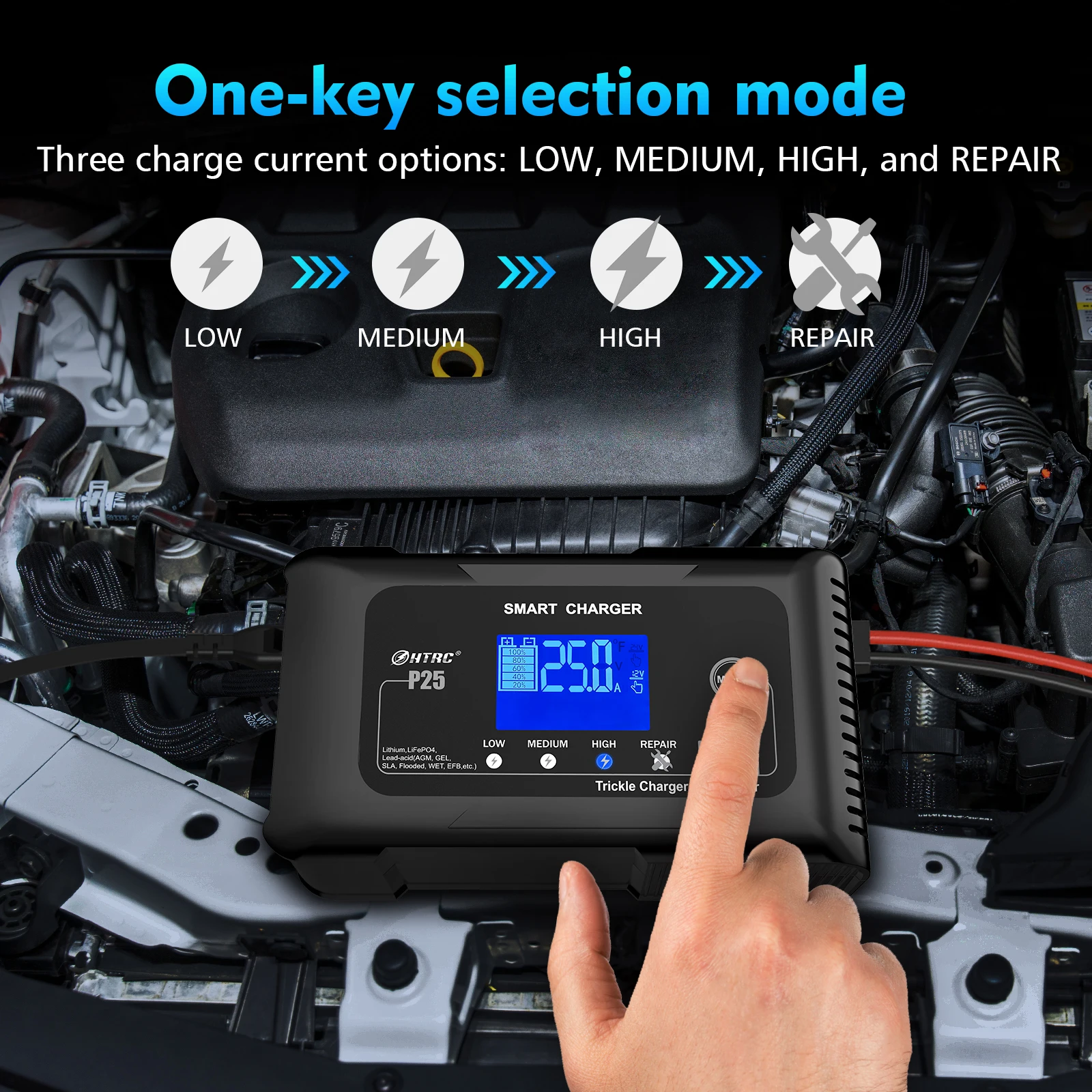 HTRC P25 Smart Battery Charger for Car Motorcycle Battery Repair Auto Moto Lead Acid AGM GEL Lithium LiFePo4 Batteries