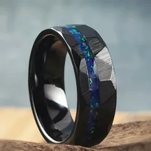 Hammered Black Plated Ring with Offset Opal Inlay 8mm for Men's Jewelry Tungsten Carbide Rings