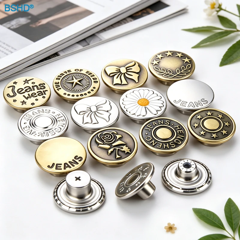 Button Factory Garment Accessories Custom Emboss Vintage Logo Pattern Clothes Metal Button Denim Jeans Button and Rivets