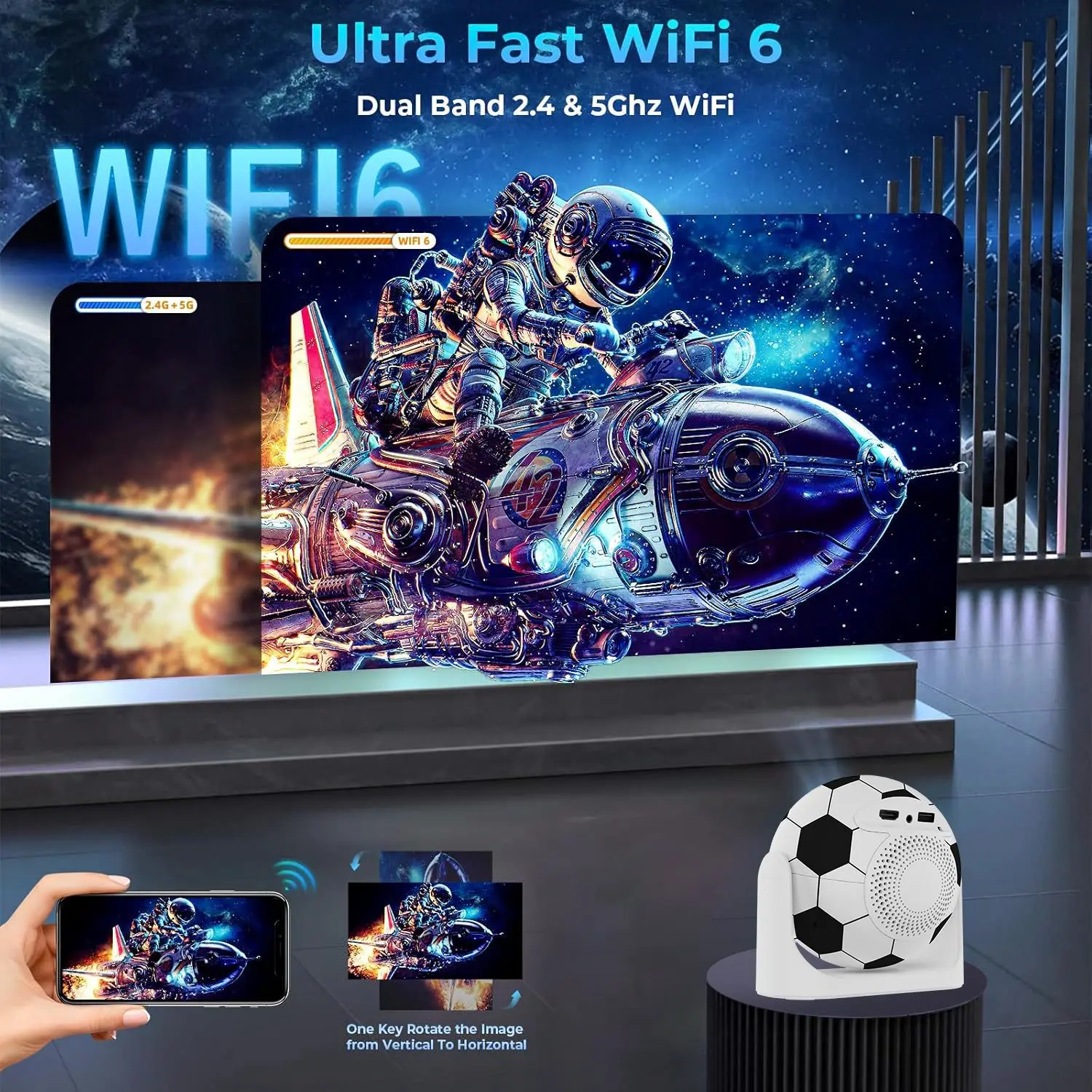 JY360 Mini Ball Smart Projector Auto Focus 4/5G Wifi 1+8GB Android 13 Multimedia Portable Home Pocket Projector for World Cup