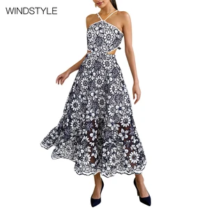 Women's Casual Floral Embroidery Slim Heavy Waist Hollow Neck Breathable Knee-Length for Summer Day Outfit OEM Service