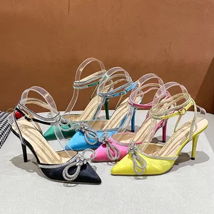 QuiteS 2023 Summer Women's High Heel Sandals Slip-On Classy Fashion Temperament Bow Rhinestone Decor Latest Style High Heel