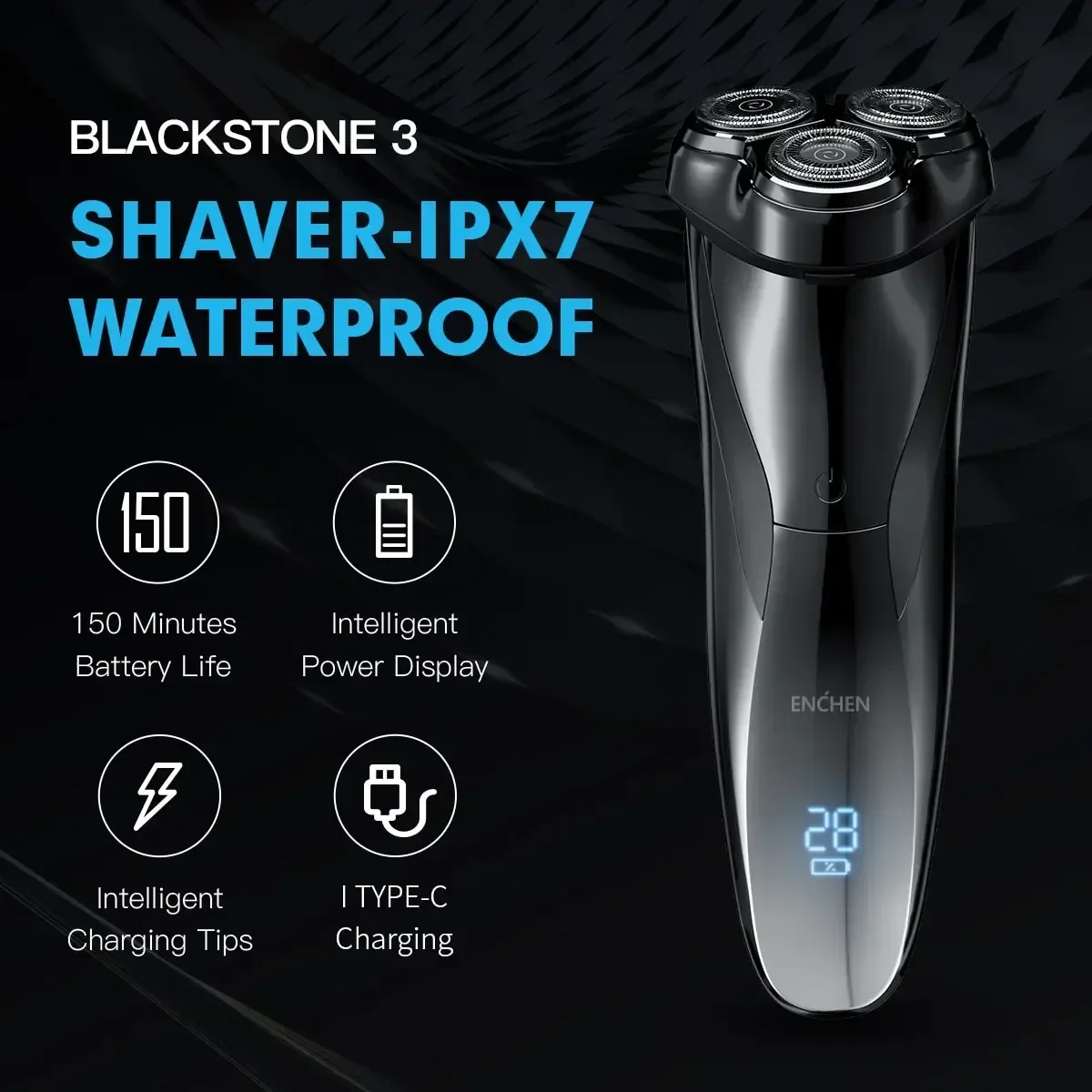 Rasoir électrique Xiaomi Enchen BlackStone 3D - 3 Têtes Rotatives, Rechargeable - Pour Hommes