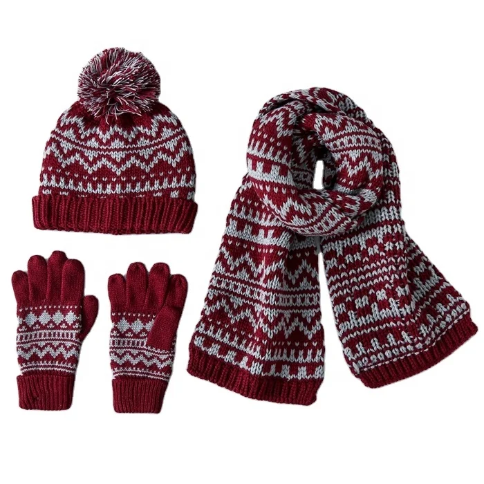 Winter Warm Knitted Scarf Beanie Hat And Gloves Set Boys & Girls Soft Stretch Hat Scarf And Mitten Set