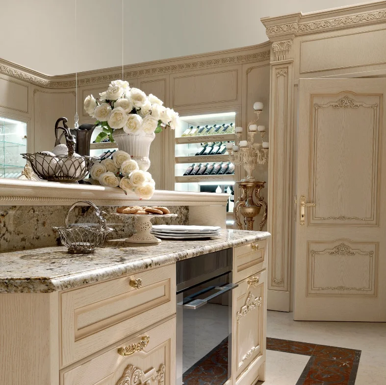 Antique style European high end luxury modular solid wood kitchen with island design cabinet manufacture