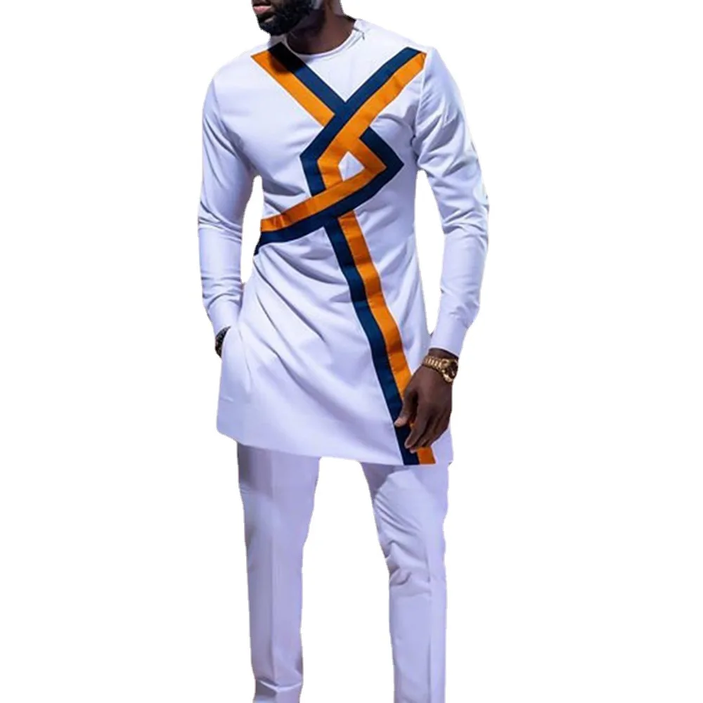Casual White Cotton Geometric Pattern Slim Fit African Ethnic Shirt ...