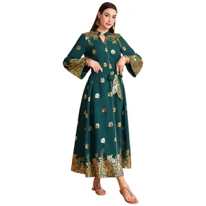 Wholesale New Middle East Fashion V-neck Muslim Robe Bronzing Long Sleeve Belt Dress