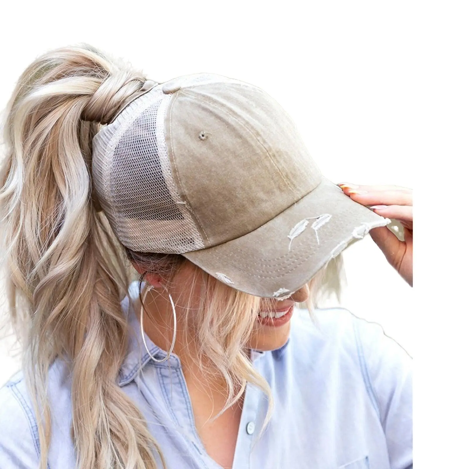 New Women High Ponytail Hat Distressed Baseball Caps 