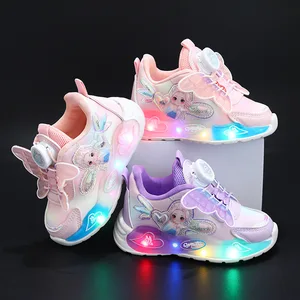 2026 Spring New Led Light Kids Shoes Student Casual Sneakers for Girls Butterfly Lace Decoration Children's Shoes