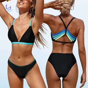 Huili Manufacturer 2 Piece Straps Beachwear Swimsuit Custom logo Straps Design Rainbow Color Block Women's Black Bikini Set