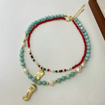 Funky Jewelry Ins Turquoise Natural Stone Beads Bohemian Necklace Jesus Pendant Necklace