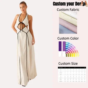 Hot Sale Women's Customizable 100% Cotton Vintage Strappy Retro Style Contrast Trim Maxi Dress