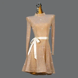 Skin Rhinestone Women Latin Dance Performance Dress Long Sleeves Dance Costume Party Latin Dress with Belt Chacha Samba Dance