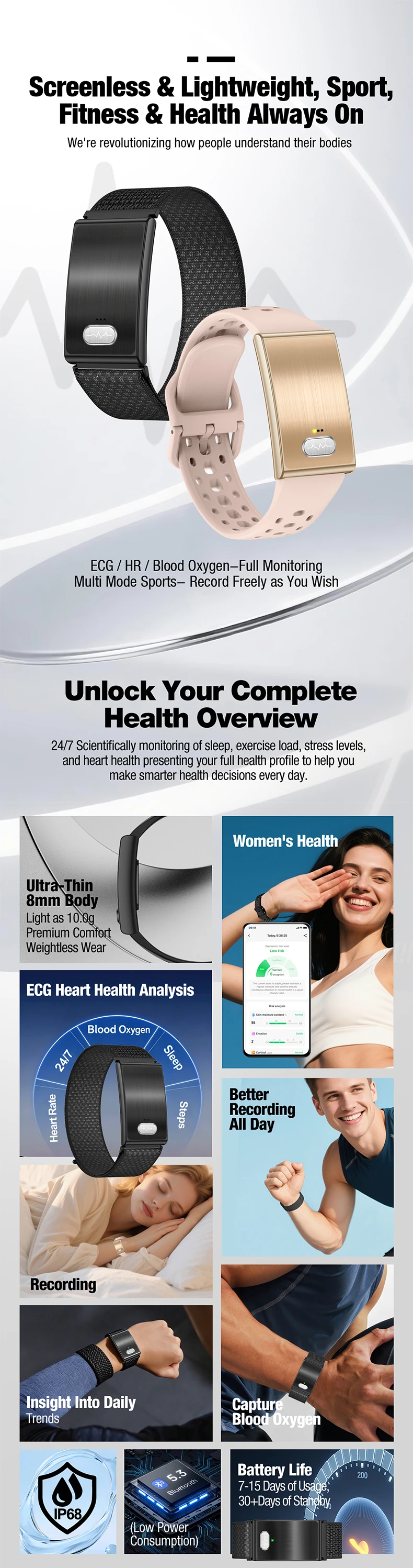 product 2026 es02 screenless smart bracelet body temperature ecg hrv heart rate sleep monitoring health fitness tracker sport smart band-1