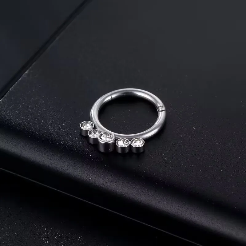 G23 Implant Grade Astm F136 Titanium Bezel Set 5 Jewelled Hinged Clicker Ring Earrings Septum Nose Hoop Piercing