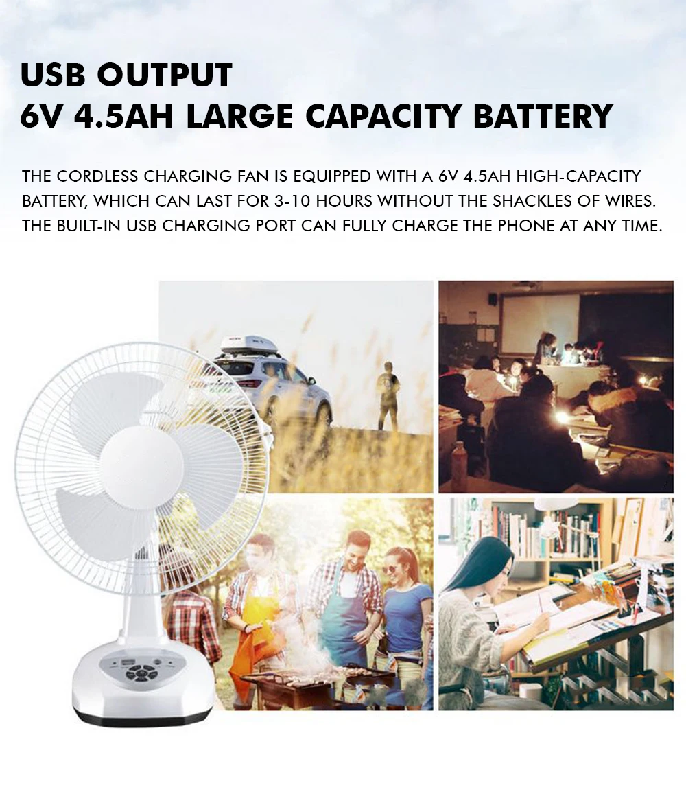 12 Inch 2 Wind Speeds Ac/dc Led Emergency Desk Fan Outdoor Useful Swing Function Rechargeable