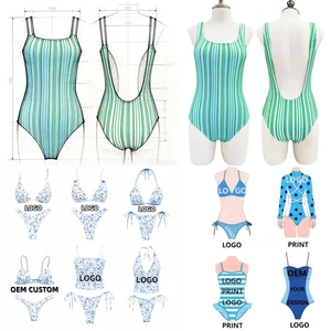 OEM Custom Athletic Casual Blue-Green Stripe One-Piece Swimsuit Square Neck Open Back Pool Sport-Friendly, 2026 Summer Swimwear
