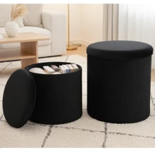 HStex Factory Wholesale Velvet Custom Round Lid Space Saving Furniture Living Room Storage Box Pouf Stool Ottoman
