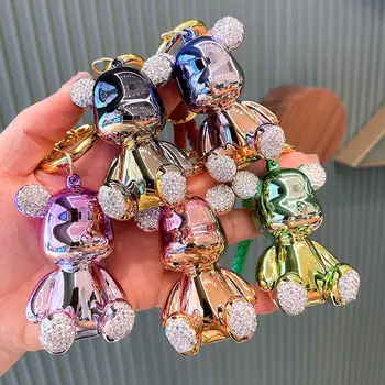 Colorful crystal teddy bear wristband key chain Kawaii backpack Bag Charms car key ring with key chain accessories