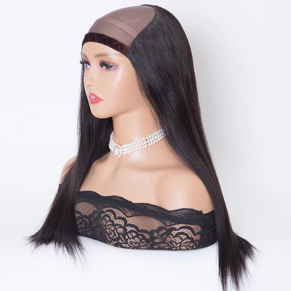 16 inch 150% density straight texture natural black color machine weft U-part Hat wig