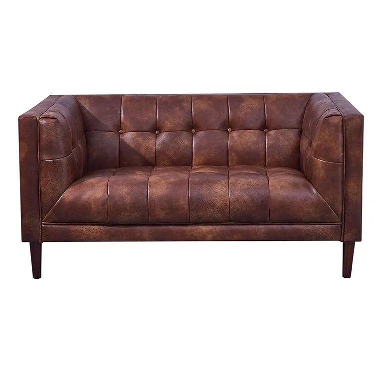 Modern Lounge Design Furniture Brown Leather Loveseat Sofa Living Room Wooden Sofa