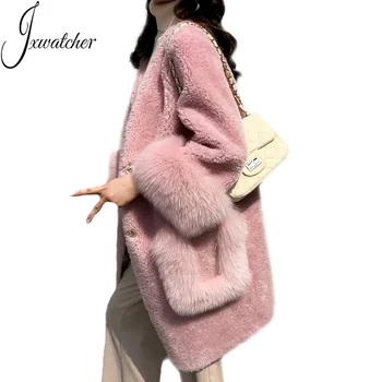 Women Winter Thick Warm Long Pink Double Face Sheepskin Coat With Real Fox Fur Trim Ladies Genuine Lamb Shearing Coat
