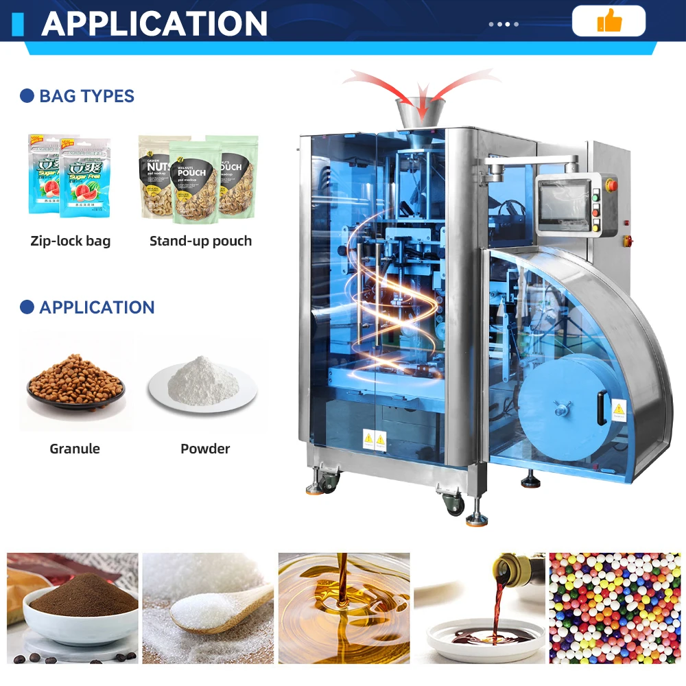 Zip-lock Vffs Vertical Automatic Food Powder Pouch Sealing Filling Packaging Stand up Zipper Premade Bag Doypack Packing Machine