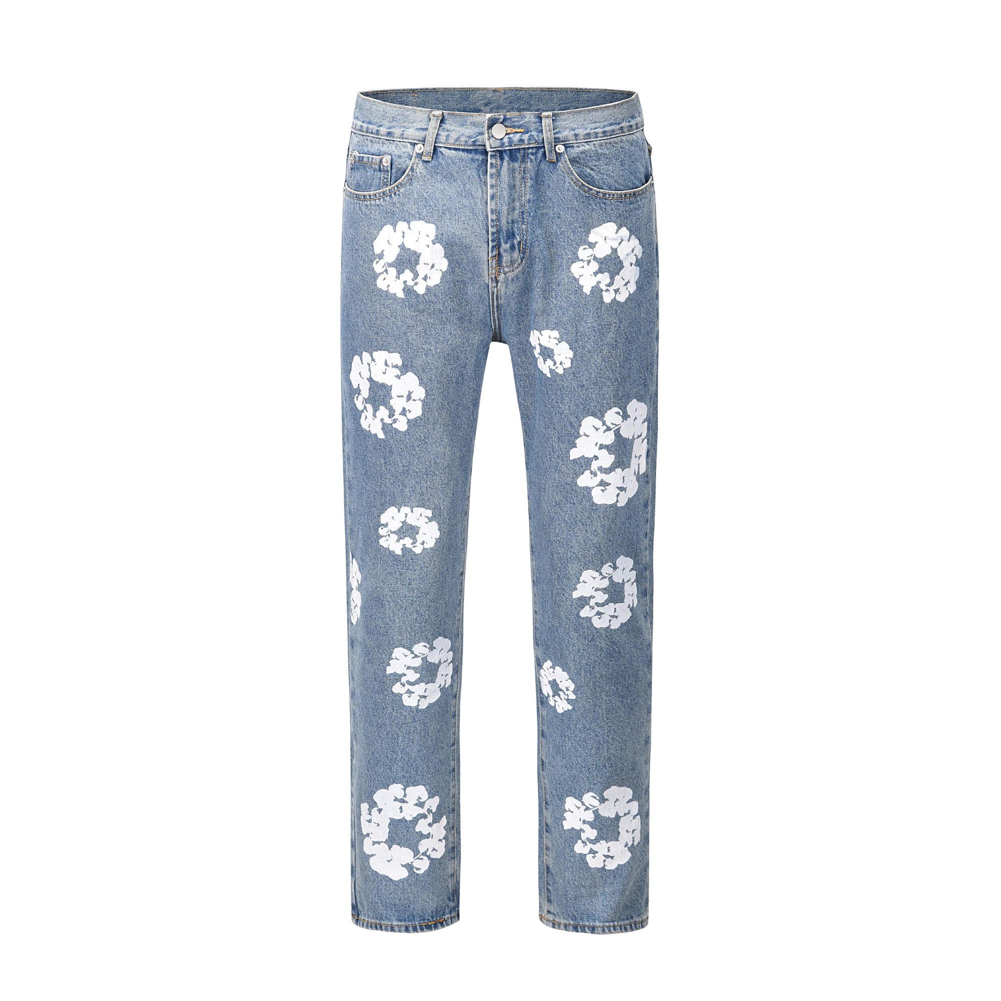 DiZNEW Custom Made White Printing Loose Straight Men's Jeans That Look Clean And Refreshing