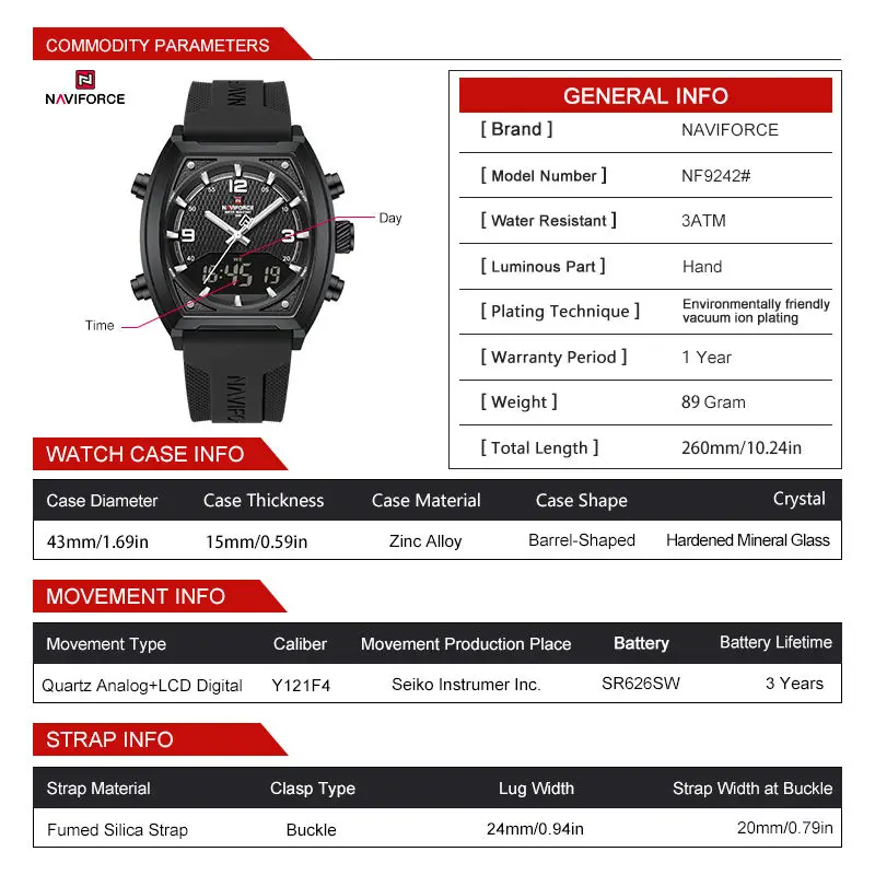 NAVIFORCE 9242男士手表新款防水时尚石英液晶数字显示手表Relogio女性化钟表