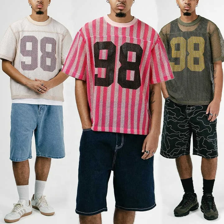 Salati Custom Vintage Stand Collar Quick Dry Oversized Stripe Mesh Soccer Football T-shirts Men's Shirts