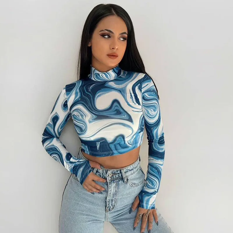 Women's Mock Printing Fashion Turtle Neck Tops Long Sleeve