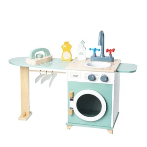 Montessori Wooden Laundry Washer Set Pretend Play Sink Simulation Assembled Washing Machine Educational Learning Toys for Kids