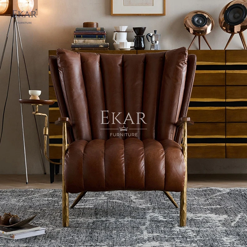 product new forged retro design copper and iron frame full leather armrest living room leisure chair-62