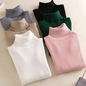 Turtleneck Women Clothe Wholesale Custom logo Fall Winter New Female Slim Fit Pullover Solid Color  Ladies Knitted Sweater Shirt