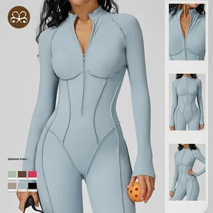 Custom Brushed Fabric High Stretchy One Piece Long Sleeve Jumpsuit Workout Fitness Structured Zip up Yoga Jumpsuits