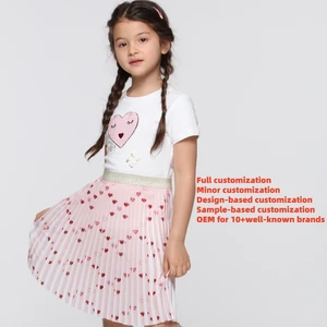 Customizable Pleated Heart-Print Skirt Elastic Waist Heart Print Casual Festive Wear A-Line Kid Skirt