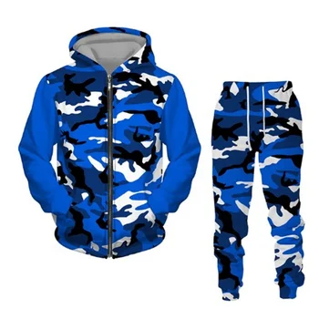 Camouflage series autumn and winter 3D printing men's zipper sweatshirt set men's sportswear long sleeve hooded set
