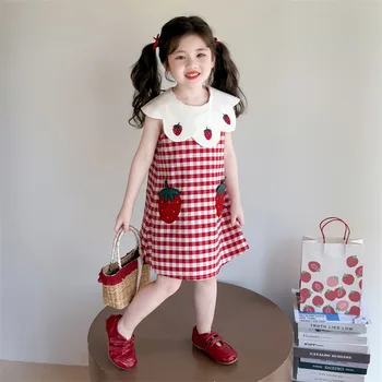 2025 Girls' Summer New Fashionable Plaid Baby Dresses with Doll Collar Sweet Cute Large Collar Baby Girl Dresses