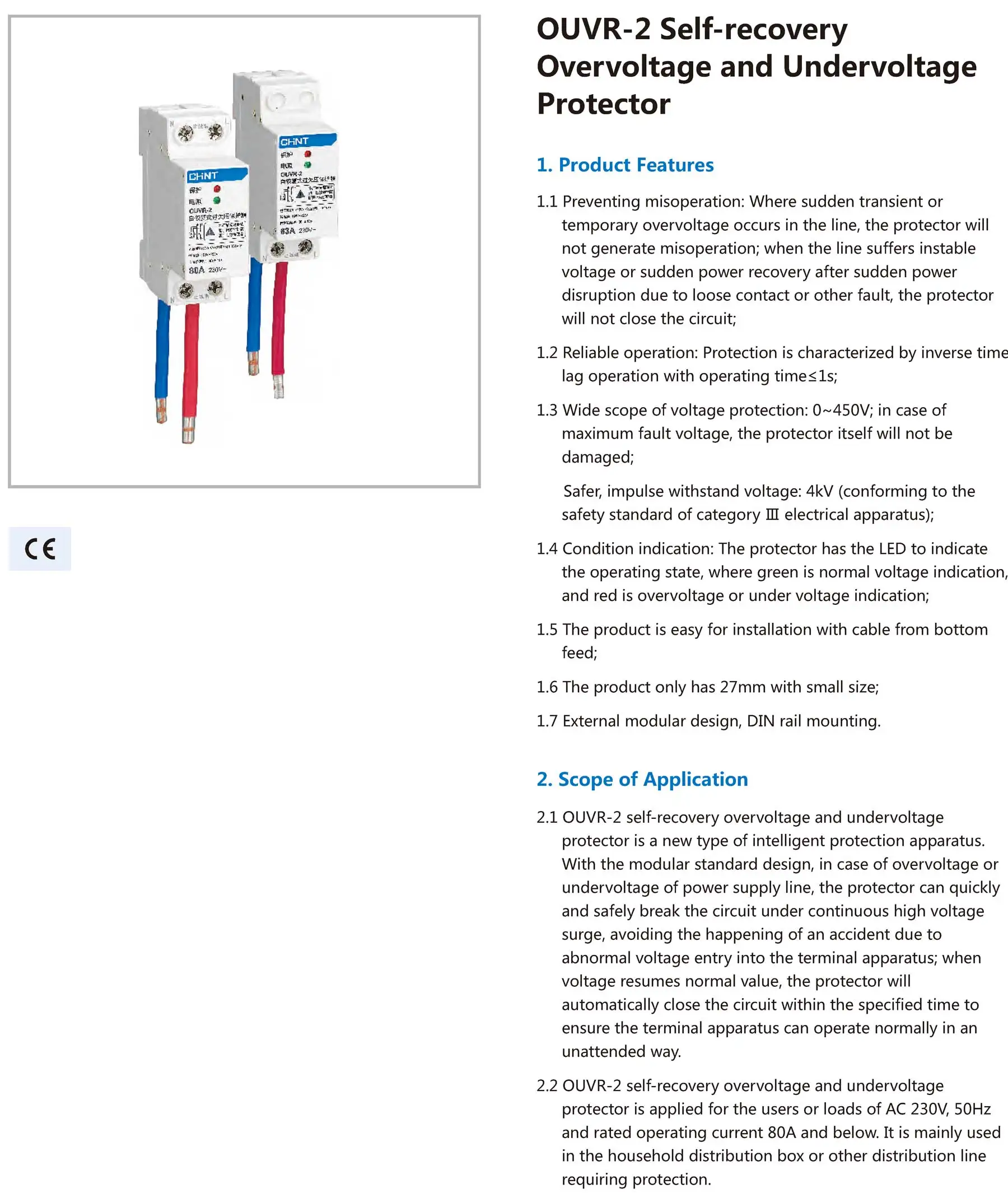 Chint original OUVR-2 230V 400V 1P+N 3P+N 32A 40A 50A 63A 80A Chnt Self recovery over voltage and under voltage protector