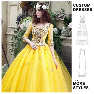 Custom Wholesale Latest Lady Host Yellow Rhinestone  Performance Stage Dress Yellow 3/4 Sleeves Lace Long Length Evening  Gowns