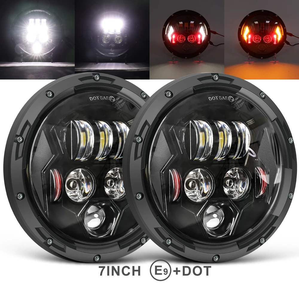Dot Approved E9 Angel Eyes DRL Blinker Halo Ring Runder Scheinwerfer 50W 7  Zoll LED Scheinwerfer 7in für Motorrad für Jeep JK