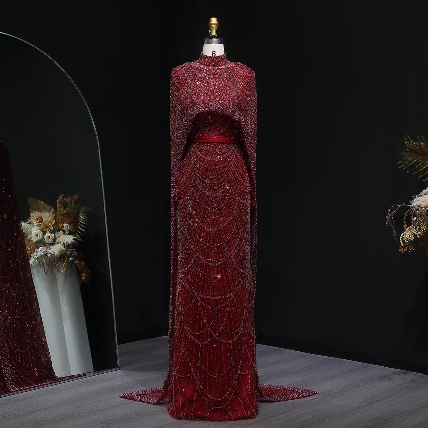 burgundy dubai evening dresses SharonSaid SS369A Luxury Long Sleeves Muslim Dress with Cape Women Wedding Special Occasion Gowns Mermaid Long Sleeve Dark MainFabric_Cotton Color:VIVID MAGENTA The color of the