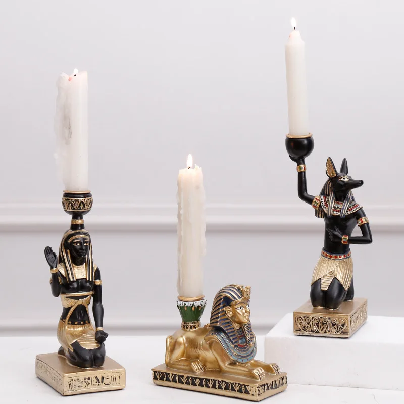3d Engraving Crystal Vintage Egyptian Culture Candle Holders Anubis Sphinx and Pharaoh Statues Artistic Home Decoration Pieces