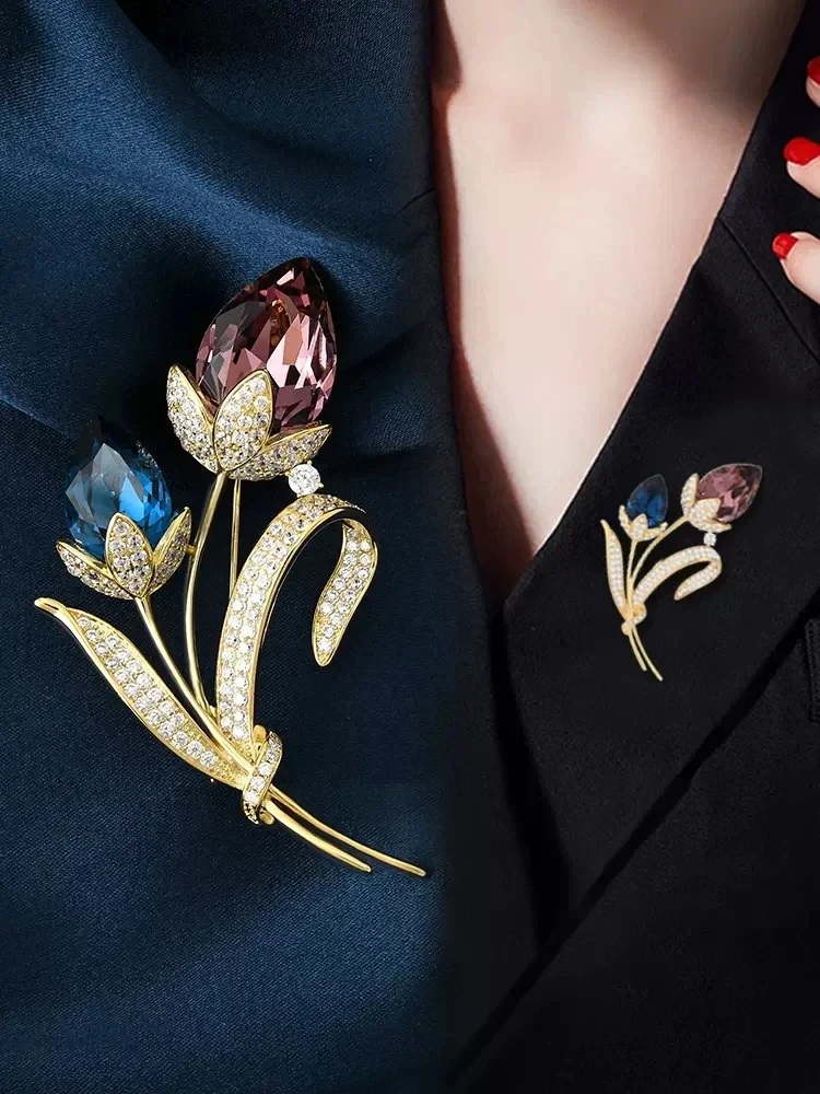 Elegant SUYU Double Headed Tulip Brooches - 14K Gold Plated