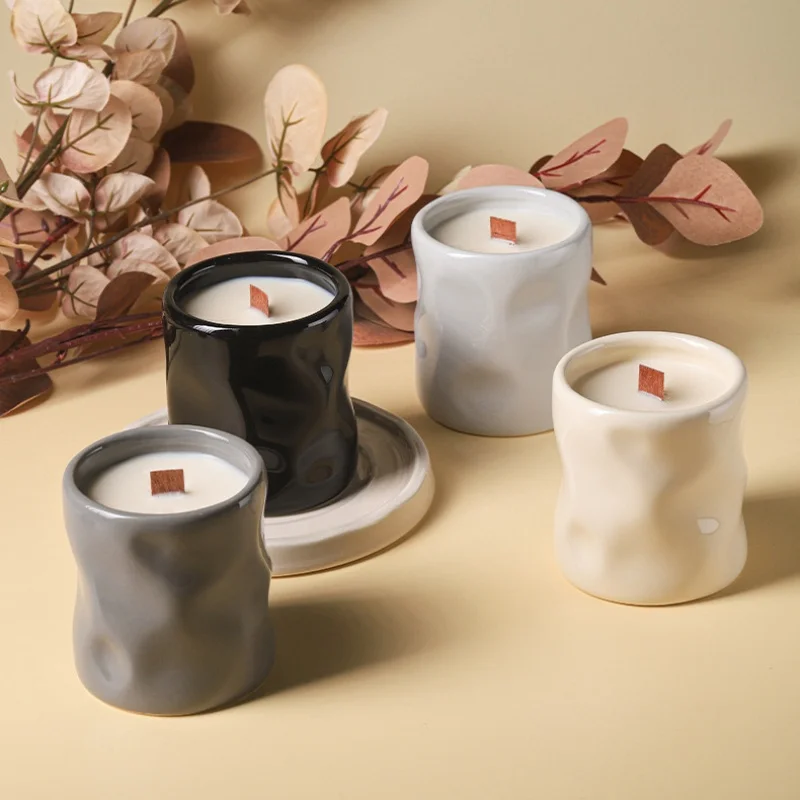 FENN Wholesale Customised Handmade Irregular Porcelain Empty Green Candle Veessel Enameled Black Candle Jars for Home Decoration