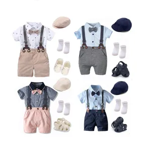 Summer Boys Outfit Hat Shoes Baby Clothes Set Bow Tie Bib Suit Newborn 7 Pieces Party Birthday Clothes 3 6 9 1 2 18  Months