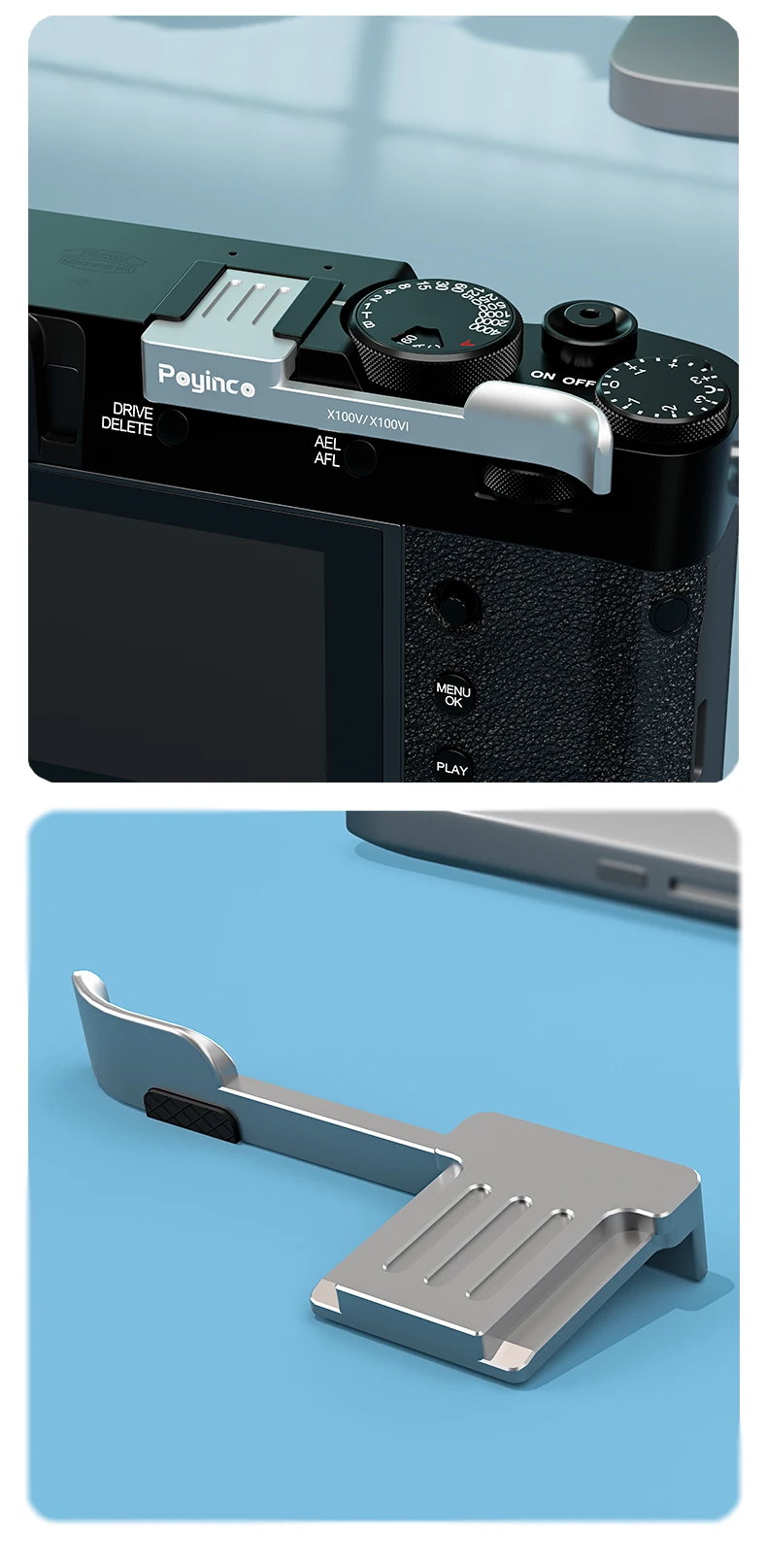 Thumb Hot Shoe Thumb Grip for Fuji for Fujifilm XE4 XE3 X100V X100VI X100F Mirrorless Camera Black and Silver supplier